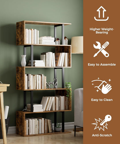 5-Tier Geometric Bookcase,S Shaped Bookshelf, Wood Decorative Storage