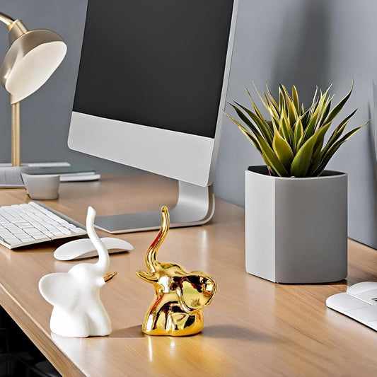 Stylish Gold & White Elephant Figurines – Elegant Desk and Home Decor